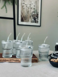 VIAMAJA Krus, Kopper Og Glas<Latteglas med låg og sugerør - 6 stk