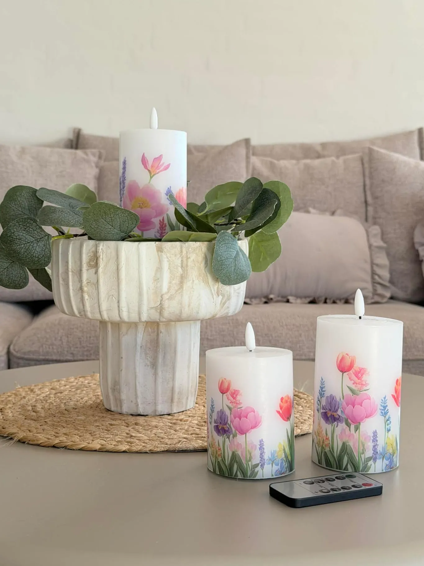 VIAMAJA Lys Og Led|Led Bloklys<LED bloklys Blomster – Sæt m. 3 stk og fjernbetjening