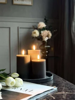VIAMAJA Lys Og Led|Led Bloklys<LED Bloklys Grå med riller - Sæt med 3 stk