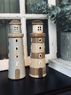 VIAMAJA Lysestager|Lyshuse<Lyshus Keramik - Fyrtårn Beige strib