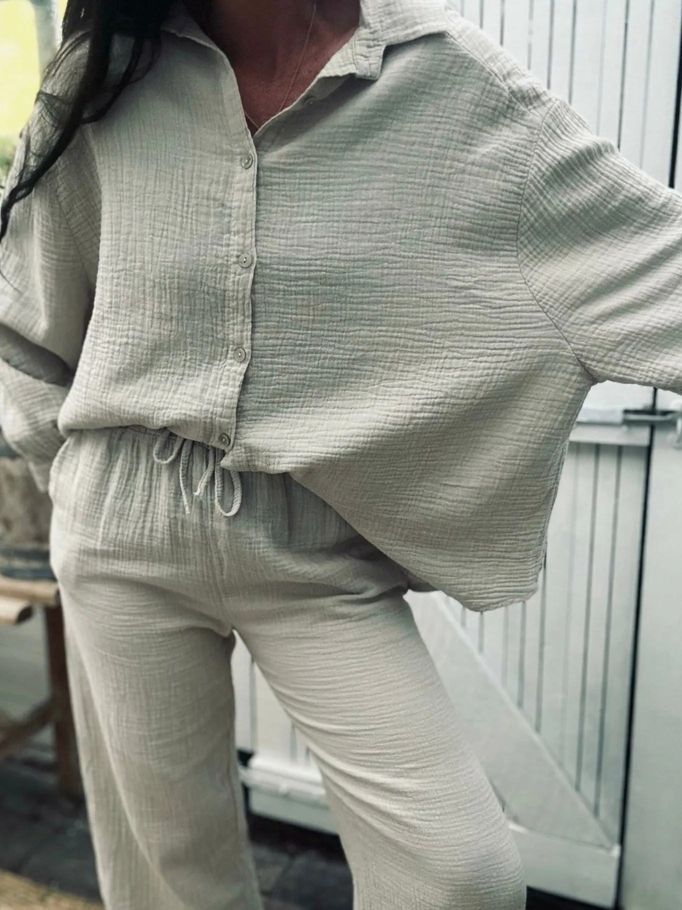 VIAMAJA Bukse-Sæt<Sæt med vaflet skjorte og bukser – Lys beige bomuld